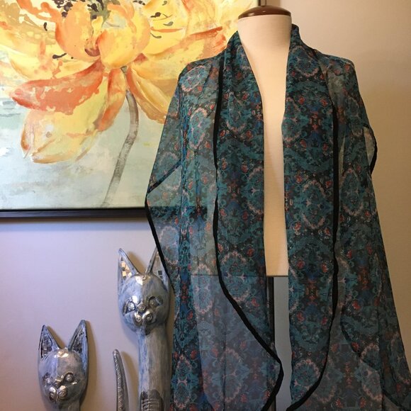 Sheer Blue Floral Damask Tapered Boho Scarf - Picture 9 of 16